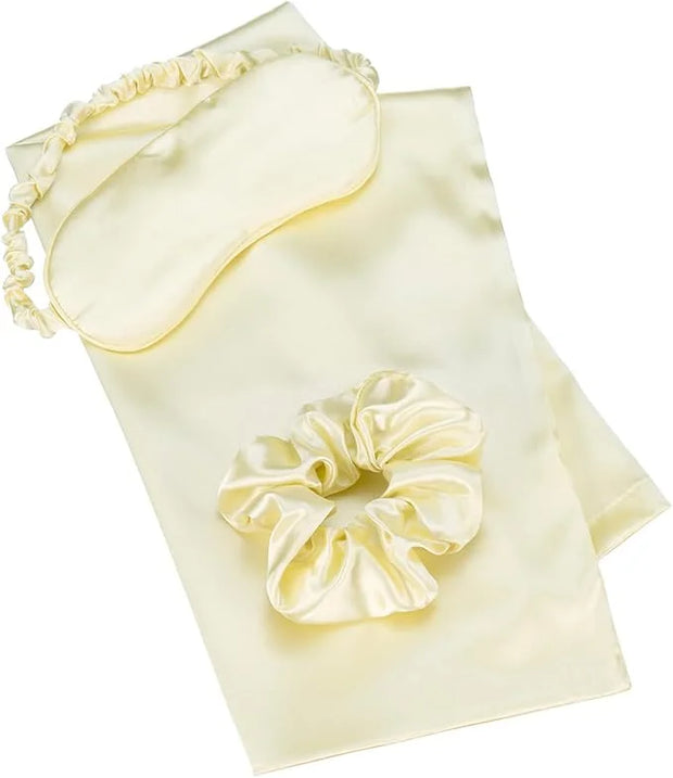 Vegan Silk Sleep Set, Silky Pillowcase with Large Scrunchie and Eye Mask for Hair and Skin, Self Care Essential Satin Nigh...
