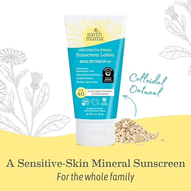 Earth Mama Uber-Sensitive Mineral Sunscreen Lotion SPF 40 | Reef Safe, Non-Nano Zinc, Contains Organic Colloidal Oatmeal |...