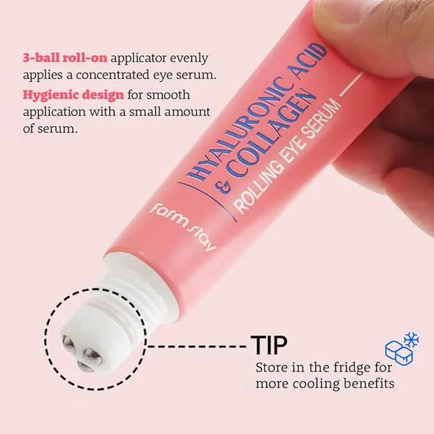 Farmstay Hyaluronic Acid Roll-on Eye Serum with 2% Niacinamide & Collagen – Hydrating Korean Eye Roller for Dark Circles, ...