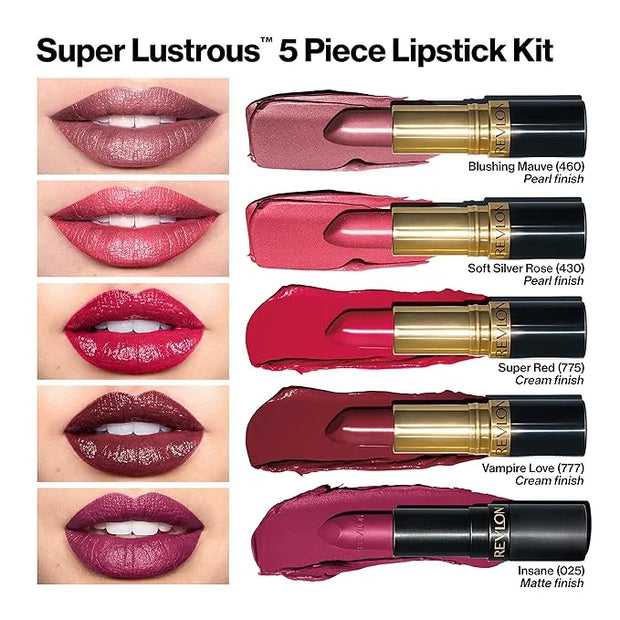 Revlon Super Lustrous 5-Piece Lipstick Gift Set, High Impact, Moisturizing, 460 Blushing Mauve & 430 Soft Silver Rose (Pea...