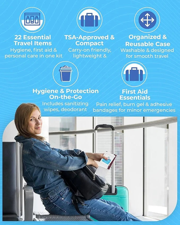 Travel Kit – Complete Airplane Travel Essentials Set for Men, Women, & Kids with Washable Case – 22-Piece TSA-Friendly Ess...