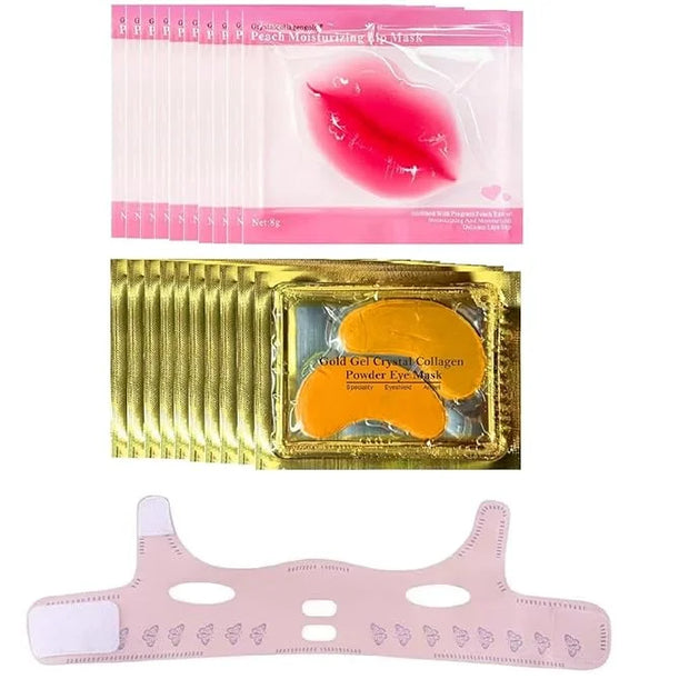 20 Pairs Lip Masks & Eye Masks,V- Face Lift Strap, 24K Gold Gel Crystal Collagen Eye Pads,Moisturizing Lip Mask Crystal Pa...