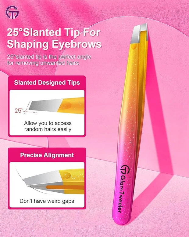 Expert Eyebrow Hair Removal Tweezer with Leather Case, GlamTweeler High Precision Slant Tip Stainless Steel Tweezers for M...