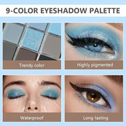 9 Colors Blue Grey Highly Pigmented Colorful Eyeshadow Palette,Matte Shimmer Navy Blue Sky Blue Grey Eye Shadow Makeup Pal...