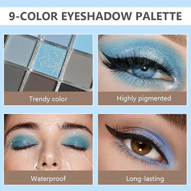 9 Colors Blue Grey Highly Pigmented Colorful Eyeshadow Palette,Matte Shimmer Navy Blue Sky Blue Grey Eye Shadow Makeup Pal...