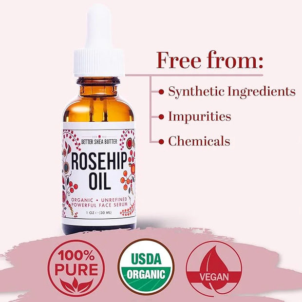 Better Shea Butter Organic Rosehip Oil | Rose hip oil for Face | Face Oil for Gua Sha Massage | Cold Pressed, 100% Pure | ...