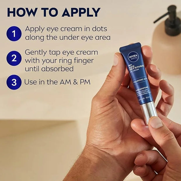 NIVEA Men Age Defense Eye Cream with Hyaluronic Acid, Skin Care Gifts for Dad, 24-Hour Hydrating Under Eye Cream for Men H...