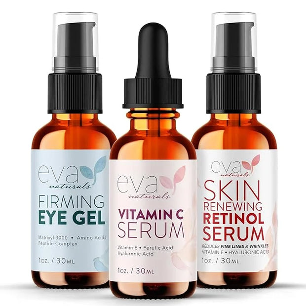 Eva Naturals Facelift in a Bottle - 3-in-1 Anti-Aging Set with Retinol Serum, Vitamin C Serum and Eye Gel - Formulated to ...