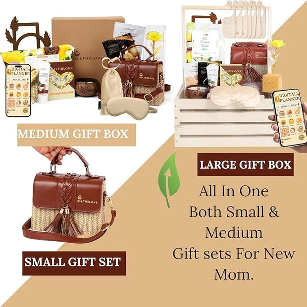 New Mom Spa Package – Luxury New Mom Care Set for Women with Chic Rattan Purse, Clickable Planner Download, Affirmation Ca...