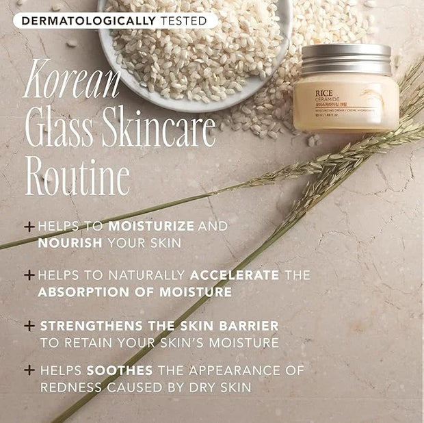 The Face Shop Rice Ceramide Moisturizing Cream - Rice Extract + Rice Bran Oil - Hydrating Targets Dryness, Brightening - D...