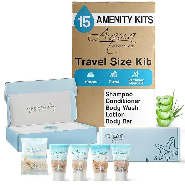1-Shoppe Aqua Organics Amenity Kit | Boxed Hotel Toiletries Bulk Set | 1 oz Shampoo, Conditioner, Lotion, Body Wash & Bar ...