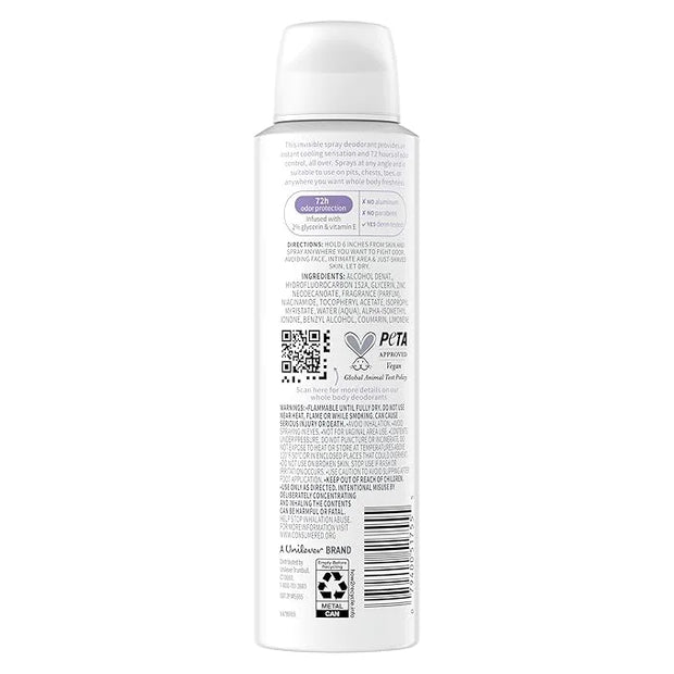 Dove Whole Body Deo Aluminum Free Invisible Spray Deodorant Coconut & Vanilla for 72h Odor Control 4 oz - Product Image