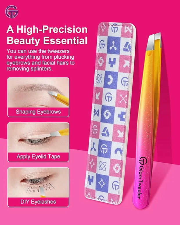 Expert Eyebrow Hair Removal Tweezer with Leather Case, GlamTweeler High Precision Slant Tip Stainless Steel Tweezers for M...