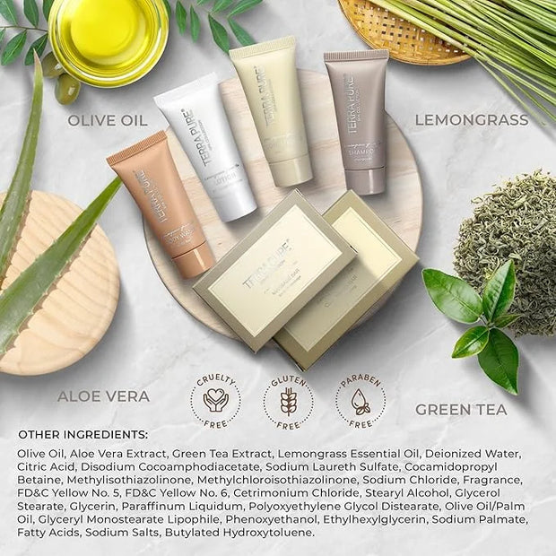 Terra Pure Spa Collection Amenity & Accessory Kit |1 oz Travel Size Shampoo, Conditioner, Lotion, Body Wash, 2 Soap Bars, ...