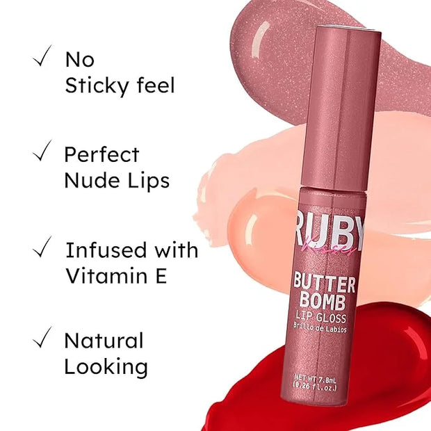 Ruby Kisses Lip Gloss Butter Bomb Gloss Non-Sticky Lip Gloss Vitamin E Natural Nude Lip Makeup - 7.8mL (0.26 US fl.oz) (Pi...