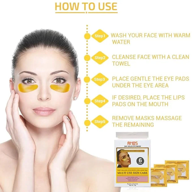 24K Gold Eye Masks for Dark Circles and Puffiness (6 Pairs) with Collagen, Aloe Vera & Hyaluronic Acid-Anti-Aging Under Ey...