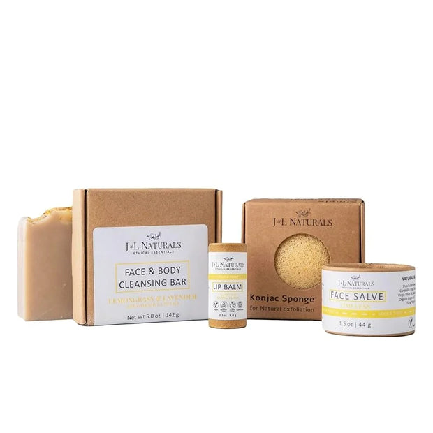 J&L Naturals Simple Skin Regimen Kit With Cleansing Bar, Face Salve, Konjac Sponge, Lip Balm | For Oily, Dry, Mature, and ...