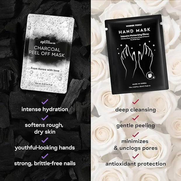 Hand Mask & Activated Charcoal Face Mask Skin Care Kit - Korean Skin Care Products Bundle for Face Skin Care & Dry Hands -...