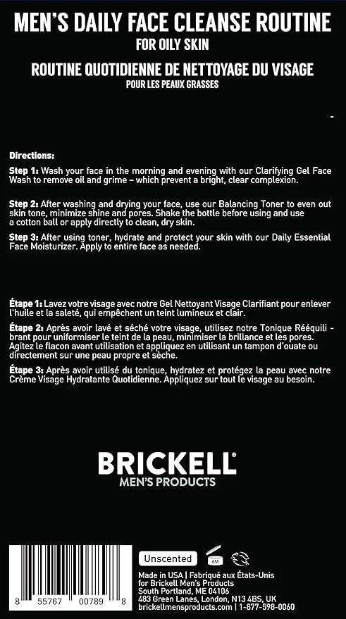 Brickell Men's Daily Face Cleanse Routine for Oily Skin, Alcohol Free Toner, Gel Facial Wash and Moisturizer, Natural and ...