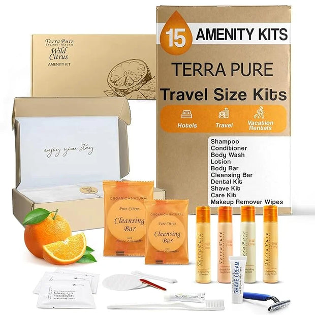 Terra Pure Amenity & Accessory Kit |1 oz Travel Size Shampoo, Conditioner, Lotion, Body Wash, 2 Cleansing Bars, Shave & De...