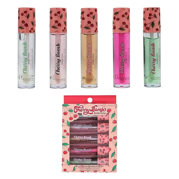 5pc Lip Oil Set - Cherry Bomb Lip Oils, Lip Healing Cherry Infused Lip Oil Collection with Precision Applicator Wand Every...