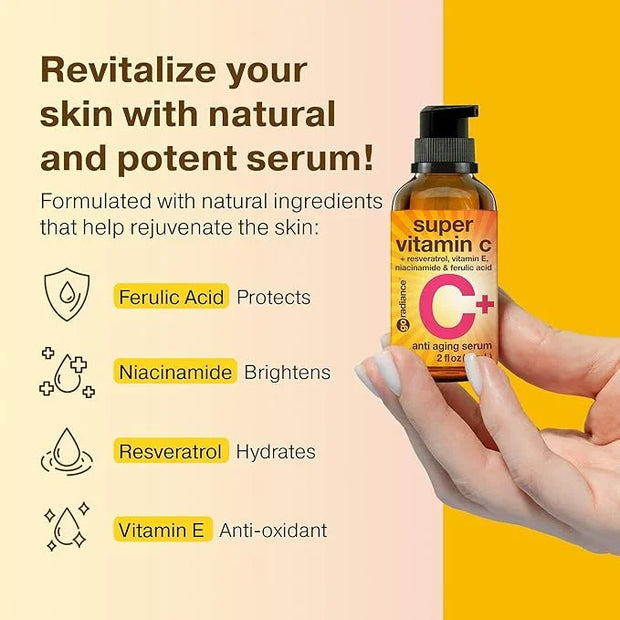 Double Size (2OZ) Super Vitamin C Serum for Face w/Niacinamide Serum, 5% Vitamin C Face Serum w/Hyaluronic Acid, Resveratr...