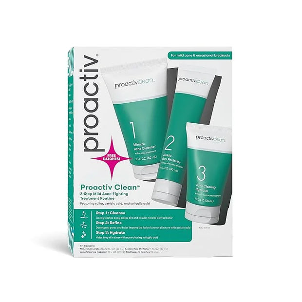 Proactiv Clean 3 Step Acne Routine w/ Pimple Patches- Sulfur Acne Treatment Cleanser, Azelaic Acid Serum, and Facial Moist...