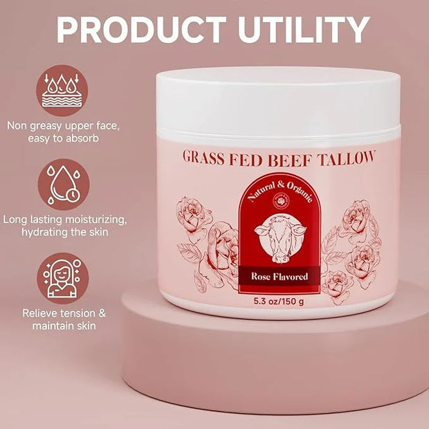 Beef Tallow for Skin, Whipped Beef Tallow For Skin, Tallow Face Moisturizer, Rose-Flavoured Whipped Tallow Face Cream Mois...