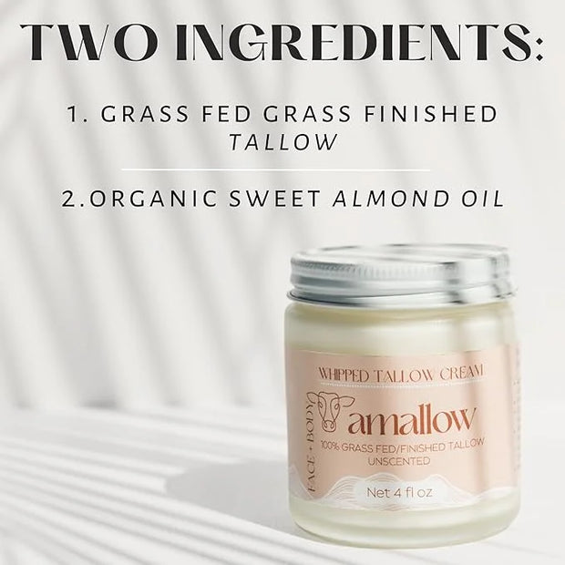 100% Grass Fed Beef Tallow for Skin Care - Face + Body - Whipped Moisturizer for Sensitive Skin - Natural Lotion, 4 FL. oz...