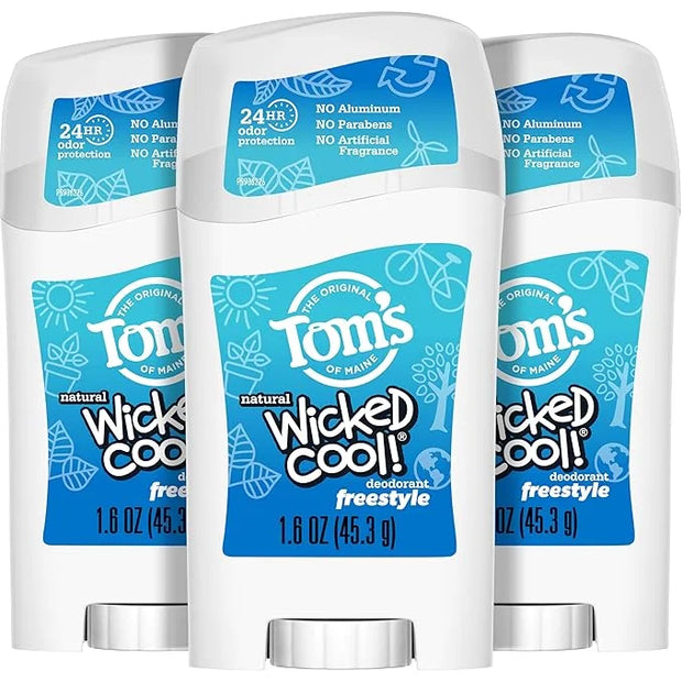 Tom's of Maine Aluminum-Free Wicked Cool! Natural Deodorant for Kids, Freestyle, 1.6 oz. 3-Pack (Packaging May Vary) - Pro...