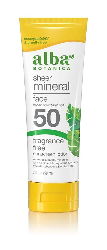 Alba Botanica Sunscreen for Face, Fragrance-Free Sheer Mineral Face Sunscreen Lotion, Broad Spectrum SPF 50, Water Resista...