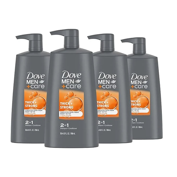DOVE MEN+ CARE 2-in-1 Shampoo + Conditioner Thick + Strong 4 count for Fortifying Hair from Root to Tip, with Calcium, 25....