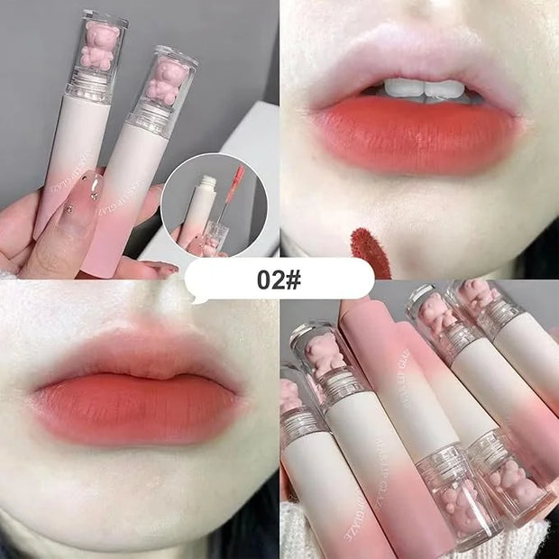 KWOLYKIM Pink Bear Matte Velvet Lip Gloss, Moisture Smooth Lip Glaze Waterproof Long Lasting Lip Stain Cute Beauty Makeup ...