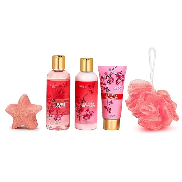 Bath and Body Gift Basket For Women – 5 Piece Set of Cherry Blossom Bath & Body Collection Gift Box, Includes Shower Gel, ...