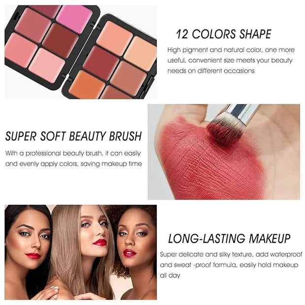 12 Colors Cream [Blush] Makeup Palette for Cheeks - All in One Blush Makeup Palette Kit with Brush, Natural Matte Long Wea...