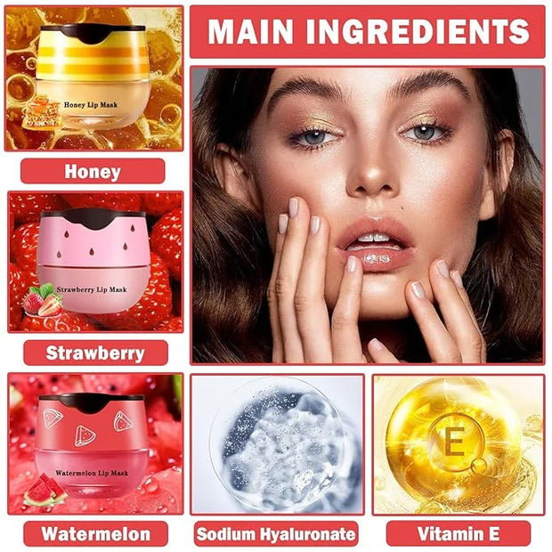 3PCS Bee Lip Balm Honey Pot Products(Honey+Strawberry+Watermelon)