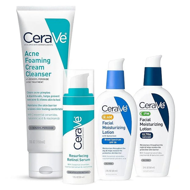 CeraVe Acne Skin Care Set, 5oz Acne Foaming Cream Cleanser + 1oz Resurfacing Retinol Serum + 2oz AM Facial Moisturizing Lo...