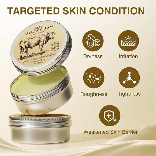 Beef Tallow for Skin, Tallow and Honey Balm,Tallow Face Moisturizer, Natural Grass-Fed Beef Tallow Balm with Raw Honey Moi...