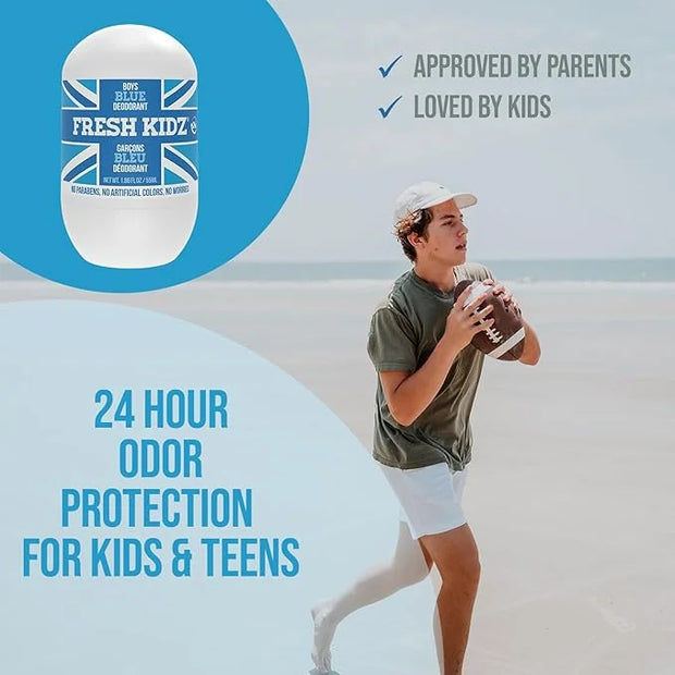 Fresh Kidz Roll On Deodorant for Kids and Teens - Baking Soda and Aluminum-free 24 Hour Protection for Sensitive Skin - Bo...