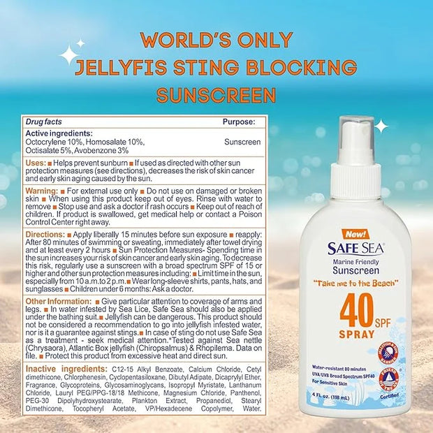 Safe Sea Anti-jellyfish Sting Protective Lotion- 2 SPF40 spray + 50 SPF kids- Hypoallergenic Jellyfish & Sea Lice Preventi...