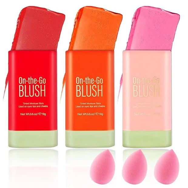 Cream Blush Sticks for Cheeks Gift Set with Makeup Sponges,Lightweight Solid Makeup Blush Stick,Waterproof Cheek Blusher M...