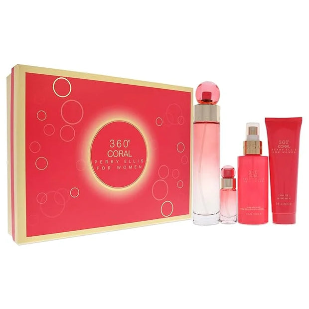 Perry Ellis 360 Coral 3.4oz EDP Spray, 4oz Body Mist, 3oz Shower Gel, 0.25oz EDP Spray Women 4 Pc Gift Set - Product Image