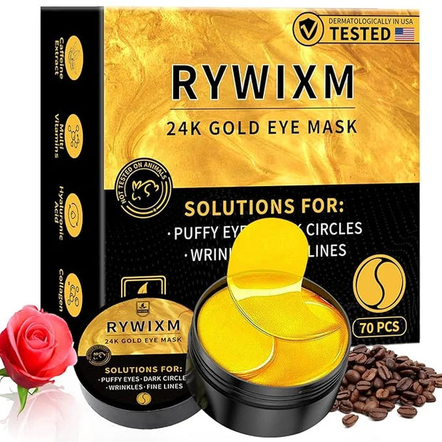 24K Gold Eye Masks for Dark Circles and Puffiness 70PCS, Under Eye Patches for Puffy Eyes Treatment, Under Eye Mask w/Caff...
