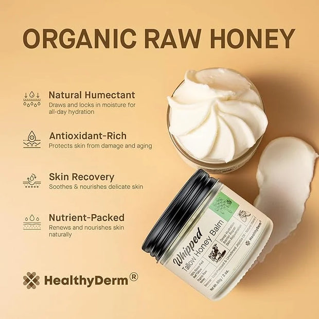 Beef Tallow Honey Balm for Skin: 100% Grass Fed Whipped Organic Moisturizer with Organic Raw Honey, Jojoba Oil, Vitamin E ...