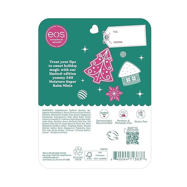 eos Holiday 24H Moisture Mini Super Balm Set- Speculoos Cookie Butter, Iced Gingerbread, Vanilla Cake Batter, Limited-Edit...