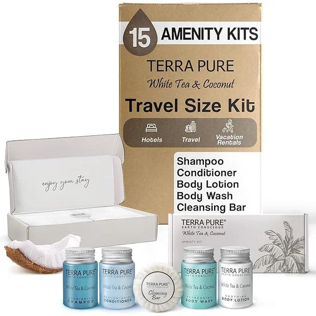 Terra Pure White Tea & Coconut Amenity Kit | Hotel Bulk Toiletries | 1 oz Shampoo, Conditioner, Lotion, Body Wash, Cleansi...