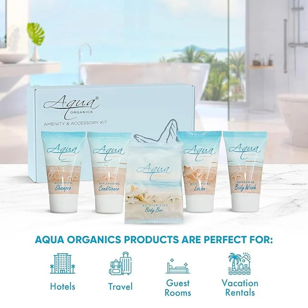 Aqua Organics Amenity Kit | Boxed Hotel Toiletries Bulk Set | 1 oz Shampoo, Conditioner, Lotion, Body Wash & Bar Soap | 30...