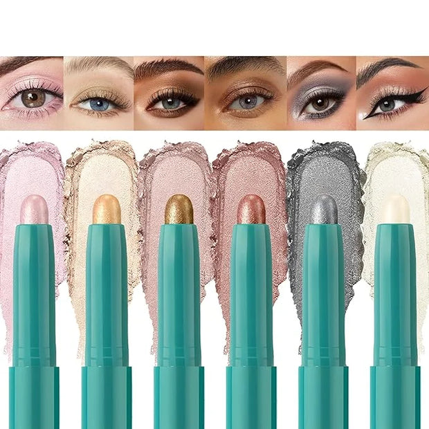 6 Colors Eyeshadow Stick Set, Eye Brightener Stick Shimmer Smooth Cream Eyeliner Pencil Long Lasting Waterproof Glitter Hi...