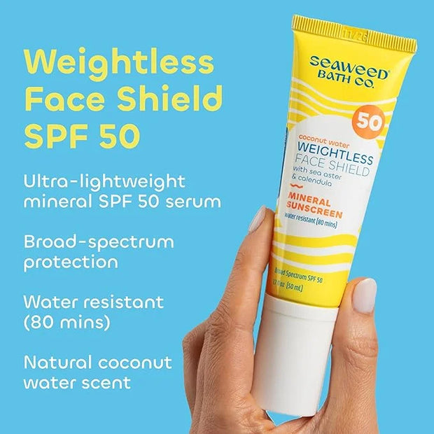 Seaweed Bath Co. Weightless Face Shield Mineral SPF 50 Zinc Oxide Suncreen Facial Serum, 1.7 Oz., Lightweight, Water Resis...