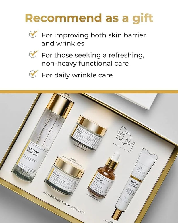 BOM COSMETICS A Set of Peptide Power Skincare With 5 Kinds of Items (Toner, Ampoule, Cream, Eye Cream, Sleeping Mask), 24K...